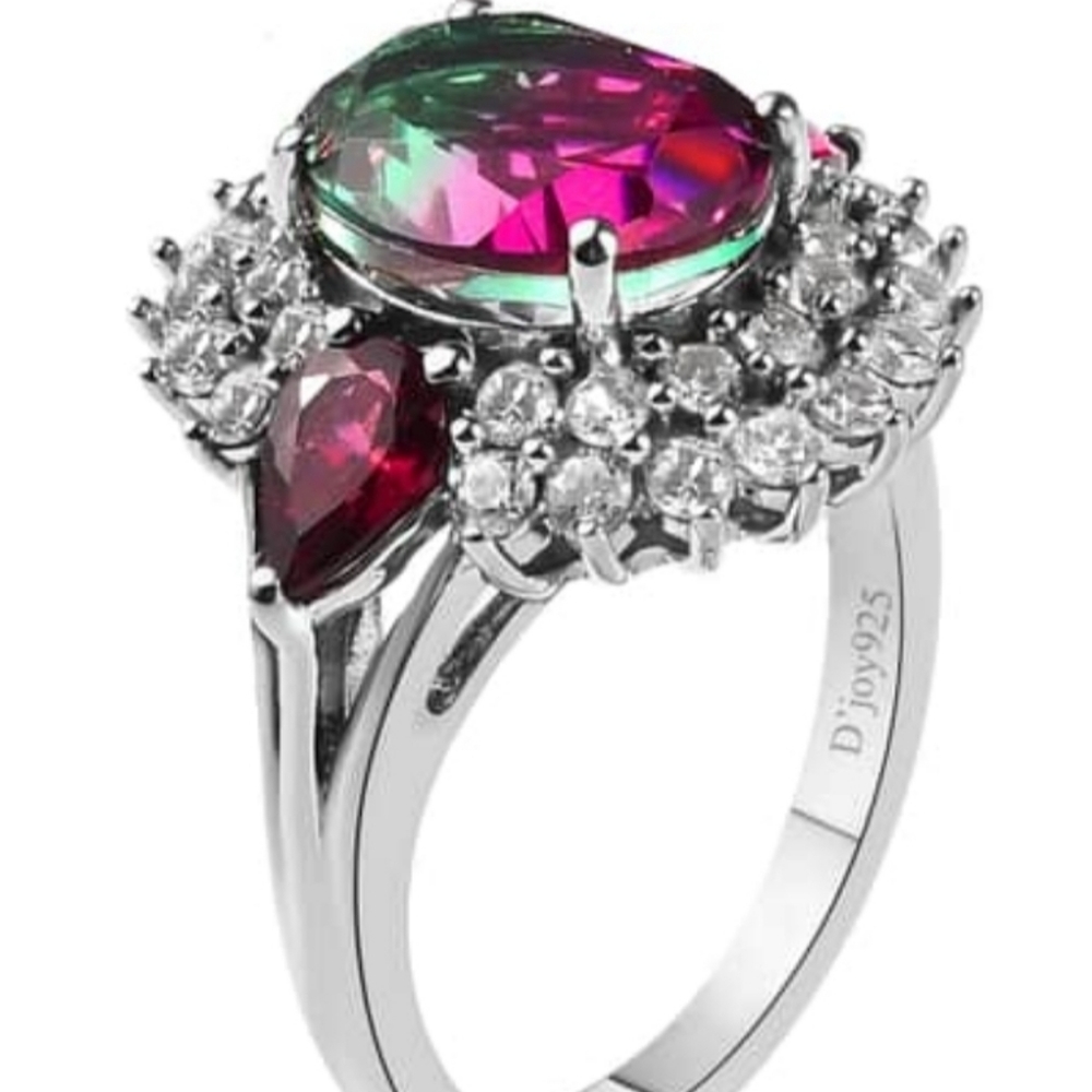 Genuine Watermelon Quartz & Multi Gemstone Ring Platinum over 925 Sz 6! - Picture 10 of 13